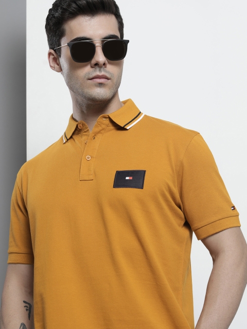 

Tommy Hilfiger Men Mustard Yellow Polo Collar Pure Cotton T-shirt