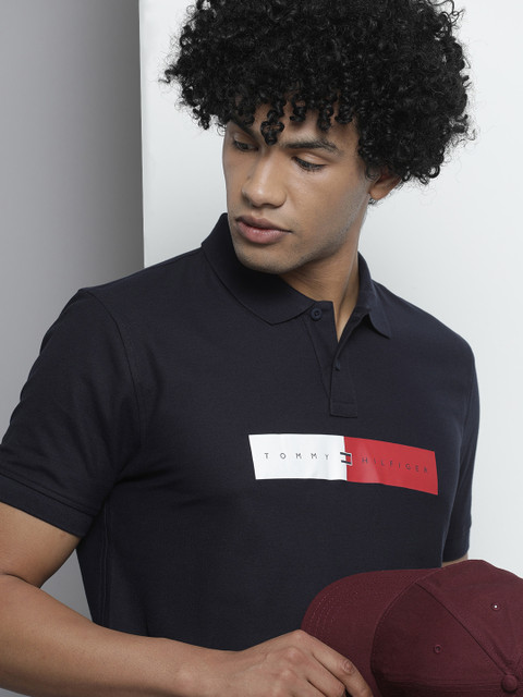 

Tommy Hilfiger Men Navy Blue Brand Logo Printed Polo Collar T-shirt