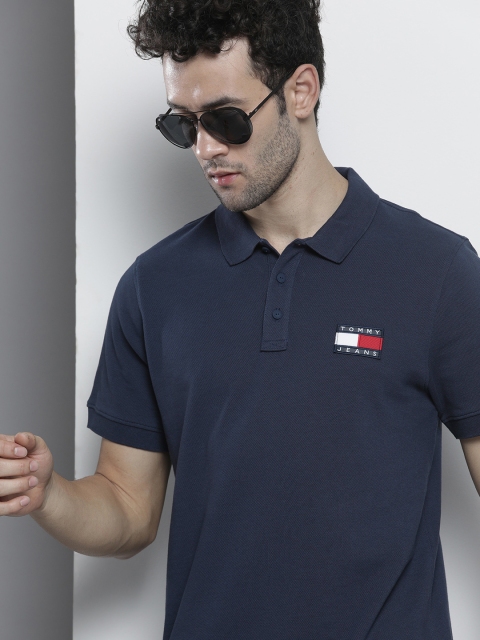 

Tommy Hilfiger Men Navy Blue Pure Cotton Polo Collar Pure Cotton T-shirt
