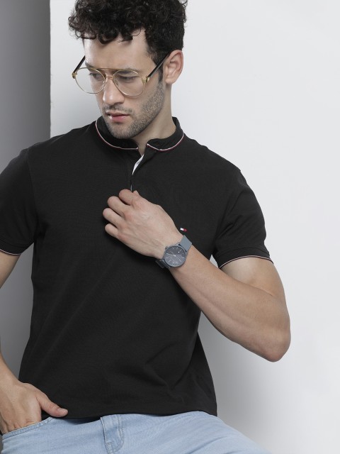 

Tommy Hilfiger Men Black Solid Mandarin Collar Slim Fit T-shirt