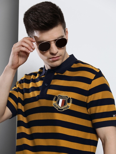

Tommy Hilfiger Men Mustard Yellow & Navy Blue Striped Polo Collar Pure Cotton T-shirt