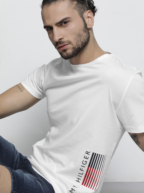 

Tommy Hilfiger Men White Black Brand Logo Printed Pure Cotton T-shirt