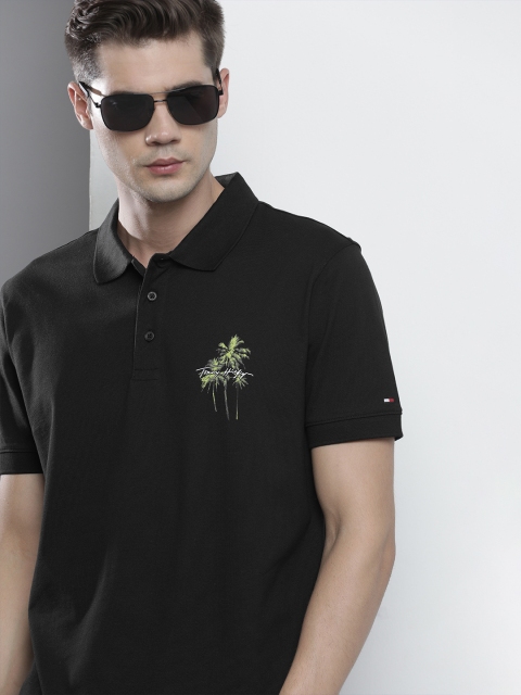 

Tommy Hilfiger Men Black Yellow Printed Polo Collar Pure Cotton T-shirt