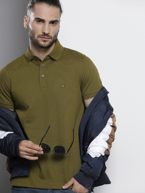 

Tommy Hilfiger Men Olive Solid Polo Collar Slim Fit T-shirt
