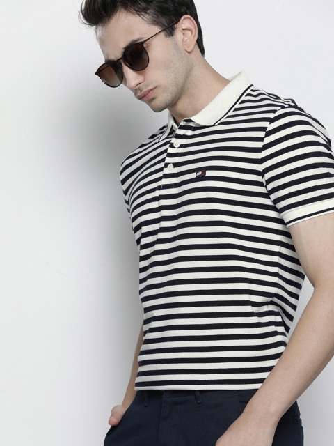 

Tommy Hilfiger Men Black & White Striped Polo Collar T-shirt