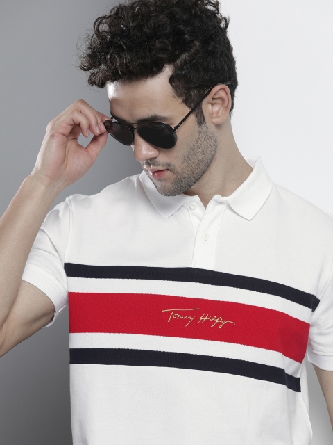

Tommy Hilfiger Men White & Red Striped Polo Collar Organic Cotton T-shirt
