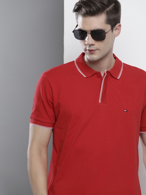 

Tommy Hilfiger Men Red White Solid Polo Collar Pure Cotton T-shirt