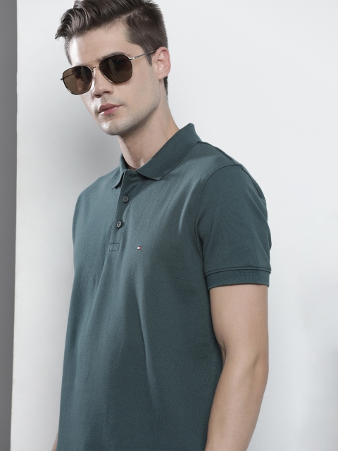 

Tommy Hilfiger Men Teal Solid Polo Collar Pure Cotton T-shirt