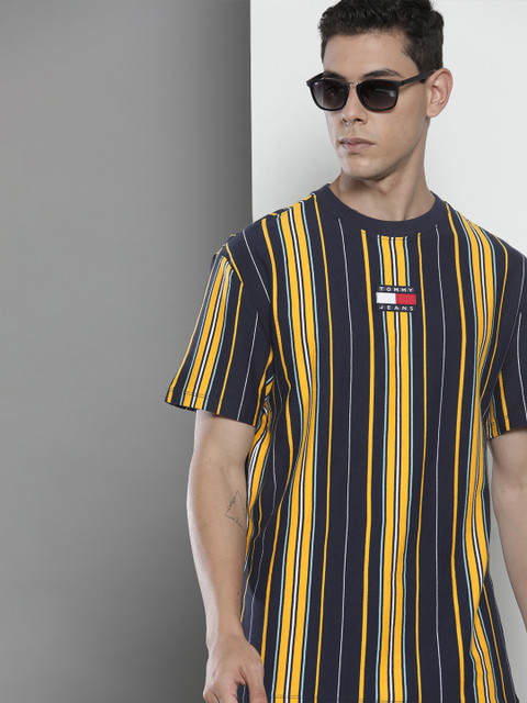

Tommy Hilfiger Men Navy Blue Yellow Striped Pure Cotton T-shirt