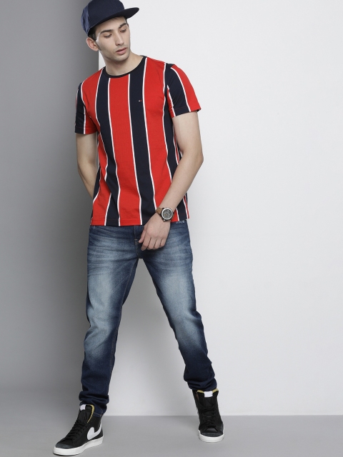 

Tommy Hilfiger Men Red Navy Blue Striped Organic Cotton T-shirt