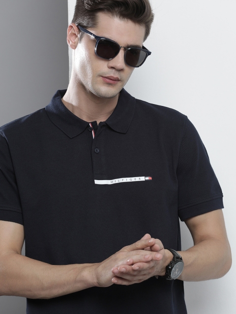 

Tommy Hilfiger Men Navy Blue Polo Collar Organic Cotton Pure Cotton Organic Cotton T-shirt with Logo