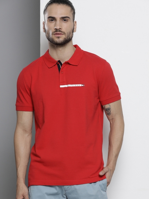 

Tommy Hilfiger Men Red White Printed Polo Collar Pure Cotton T-shirt