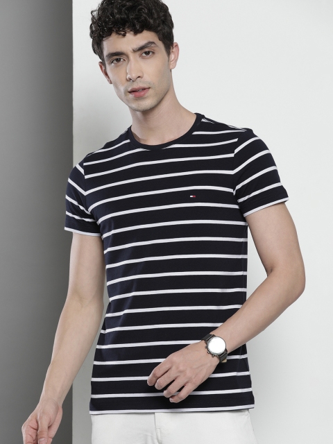 

Tommy Hilfiger Men Navy Blue & White Striped Slim Fit T-shirt