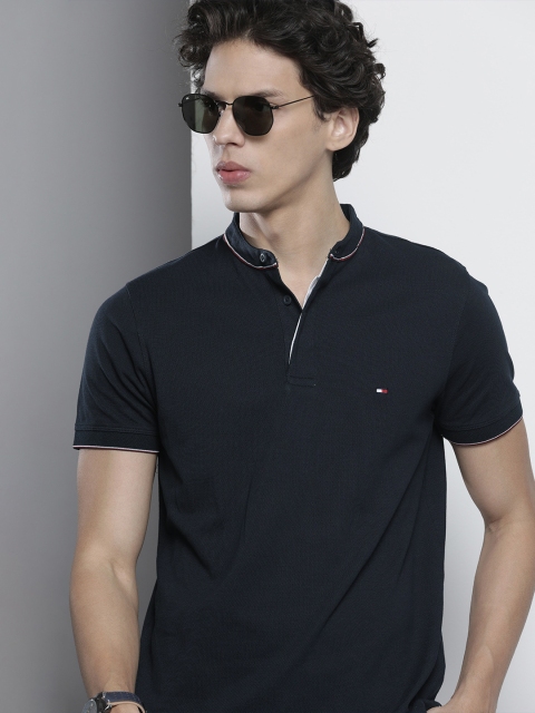 

Tommy Hilfiger Men Navy Blue Mandarin Collar Moisture Wicking T-shirt