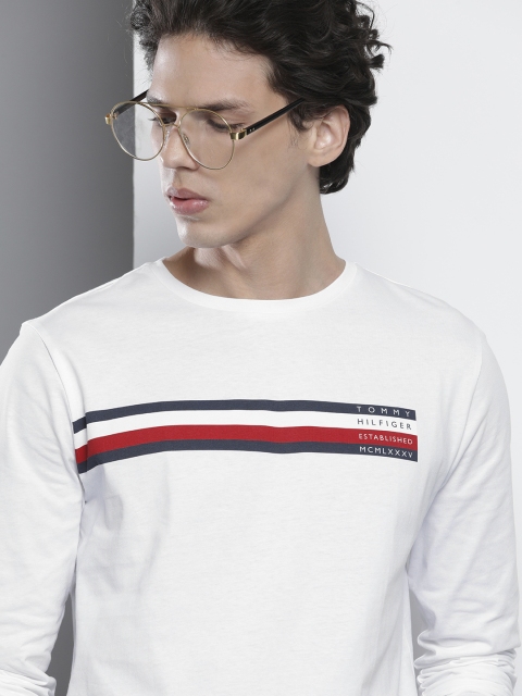 

Tommy Hilfiger Men White Pure Cotton T-shirt with Stripe Detail