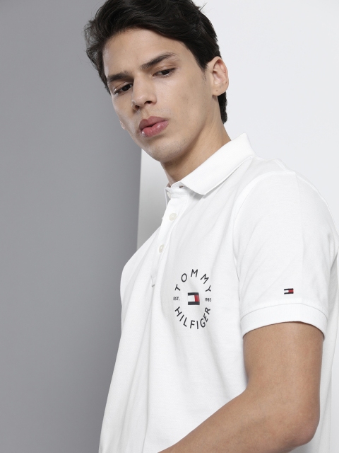 

Tommy Hilfiger Men White Polo Collar Organic Cotton T-shirt with Logo Print