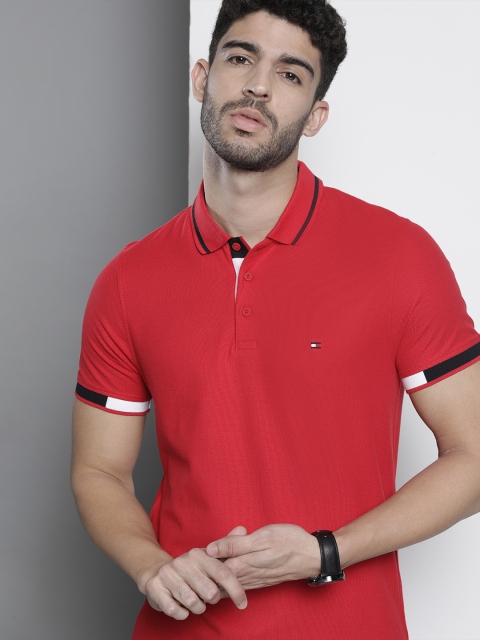 

Tommy Hilfiger Men Red Polo Collar Moisture Wicking Slim Fit T-shirt
