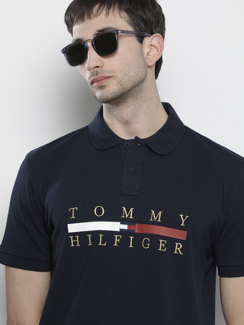 

Tommy Hilfiger Men Navy Blue Printed Organic Cotton Polo Collar Organic Cotton T-shirt