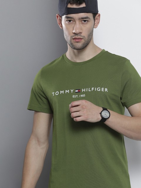 

Tommy Hilfiger Men Olive Green Organic Cotton Brand Logo Embroidered T-shirt