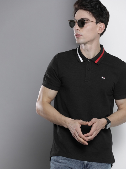 

Tommy Hilfiger Men Black Polo Collar T-shirt With Striped Detailing