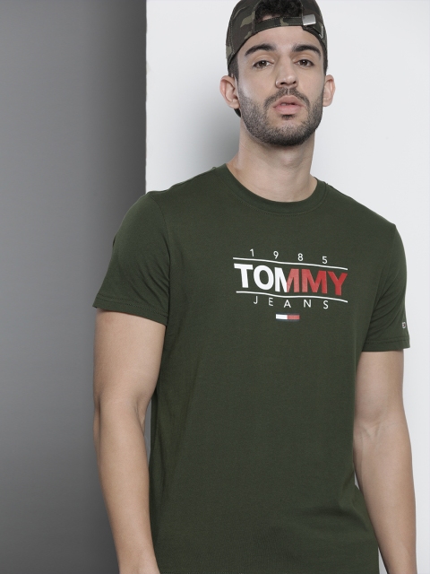 

Tommy Hilfiger Men Olive Green Cotton Brand Logo Printed Slim Fit T-shirt