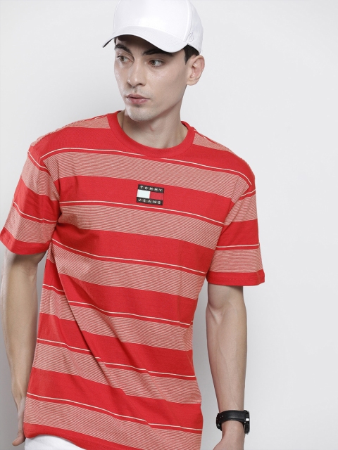 

Tommy Hilfiger Men Red White Striped Pure Cotton T-shirt