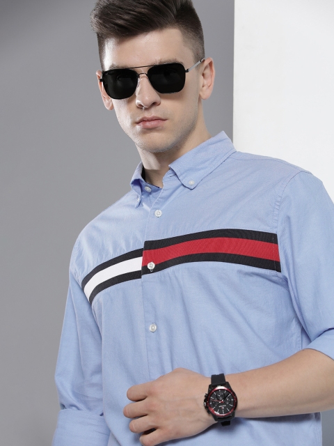 

Tommy Hilfiger Men Blue & Red Custom Fit Striped Pure Cotton Casual Shirt