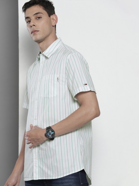 

Tommy Hilfiger Men White & Green Striped Casual Shirt