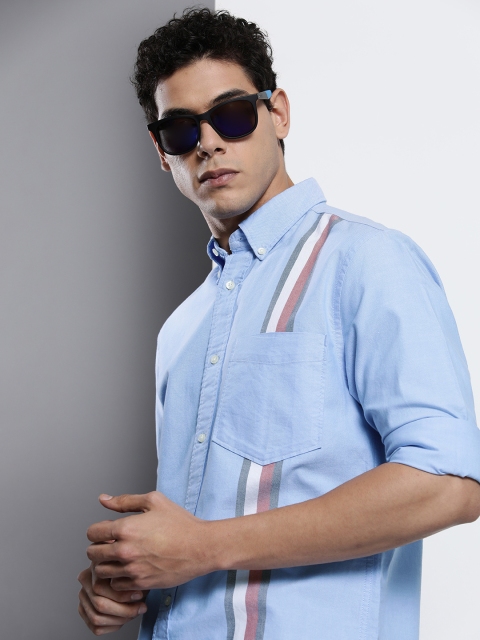 

Tommy Hilfiger Men Blue & Grey Striped Casual Pure Cotton Shirt