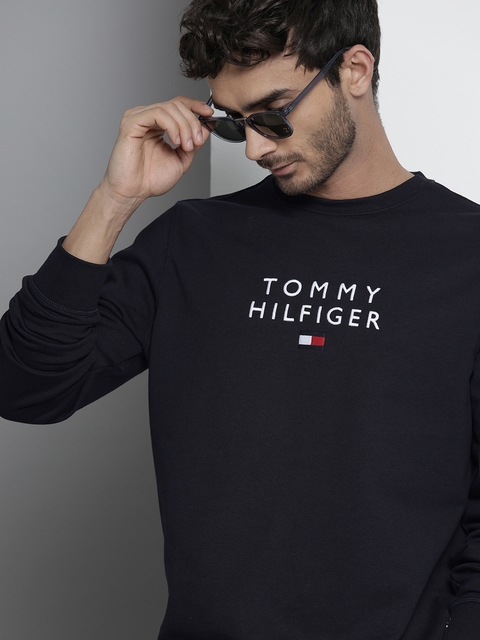 Tommy Hilfiger Men Navy Blue Embroidered Pure Organic Cotton Sweatshirt ...