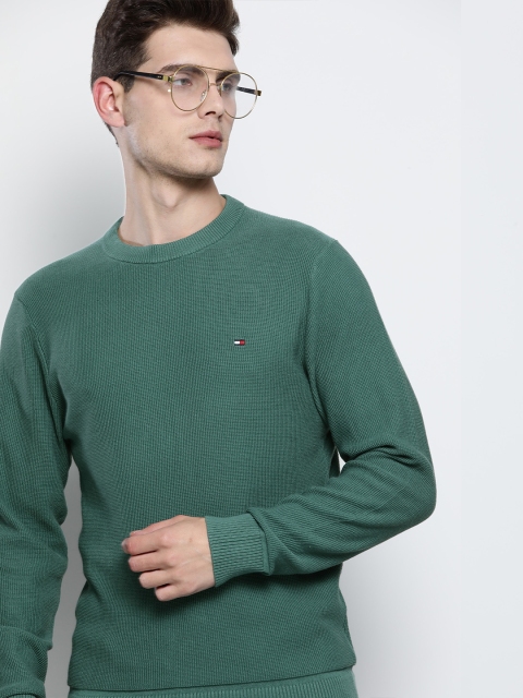 

Tommy Hilfiger Men Teal Green Self-Design Organic Cotton Pullover Sweater