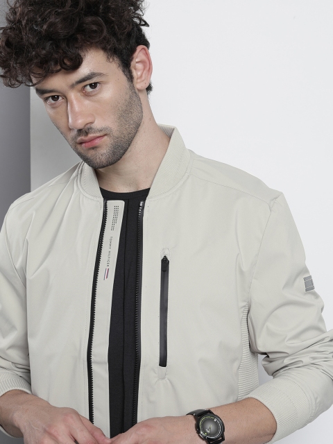 

Tommy Hilfiger Men Beige Solid Zip Detailed Bomber Jacket