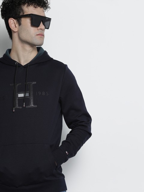 

Tommy Hilfiger Men Navy Blue & Black Printed Hooded Sweatshirt