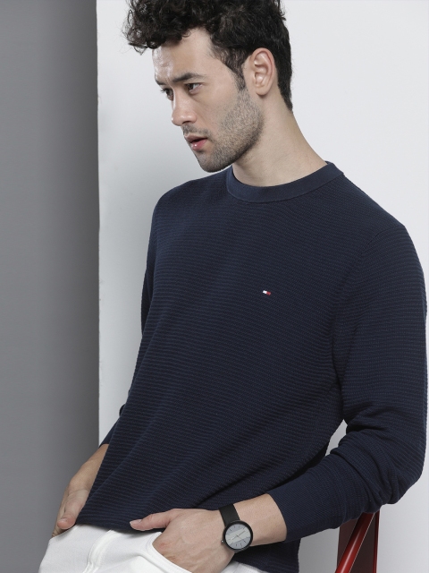 

Tommy Hilfiger Men Navy Blue Self Design Pure Cotton Pullover