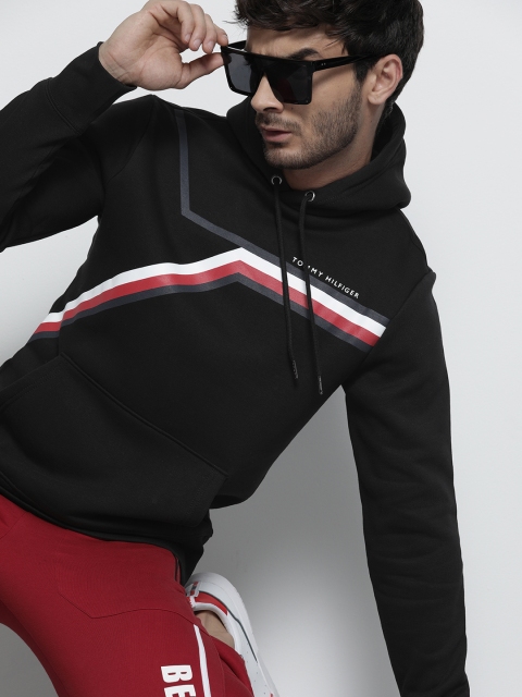 

Tommy Hilfiger Men Black & White Striped Hooded Sweatshirt