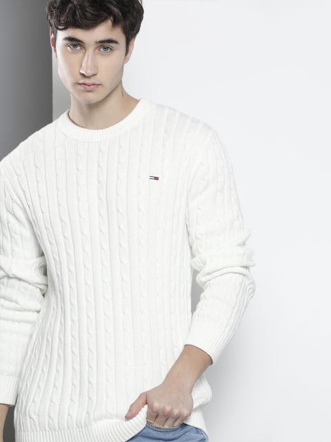 

Tommy Hilfiger Men White Cable Knit Pure Cotton Pullover Sweater