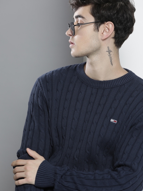 

Tommy Hilfiger Men Navy Blue Cable Knit Organic Cotton Pullover