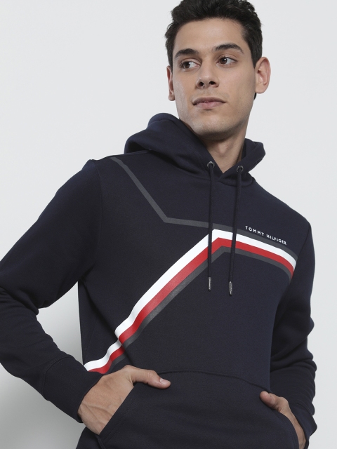 

Tommy Hilfiger Men Navy Blue Striped Hooded Sweatshirt