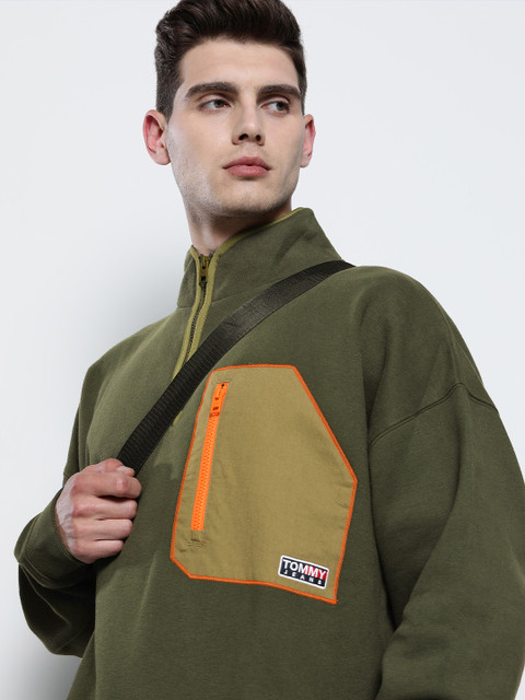 

Tommy Hilfiger Men Olive Green Brand Logo Embroidered Sweatshirt With Contrast Zip Pocket