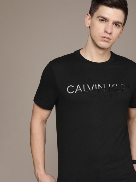 

Calvin Klein Jeans Men Black Brand Logo Embroidered Pure Cotton T-shirt