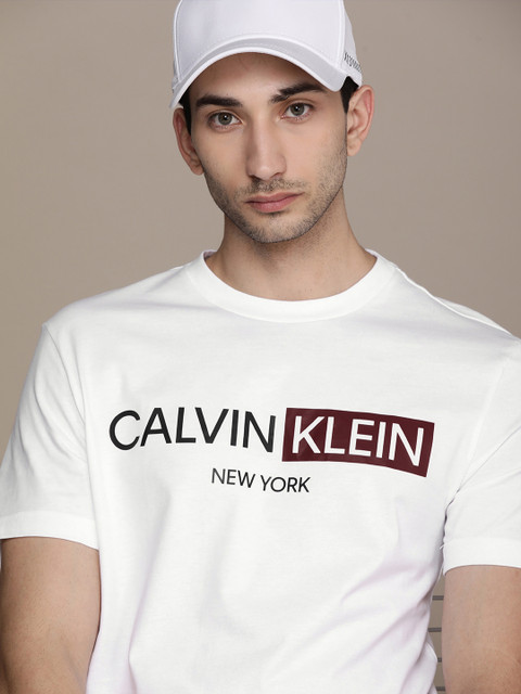 

Calvin Klein Jeans Men White Brand Logo Printed Pure Cotton T-shirt