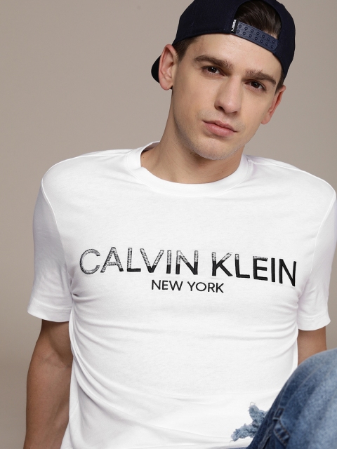 

Calvin Klein Jeans Men White Brand Logo Embroidered T-shirt
