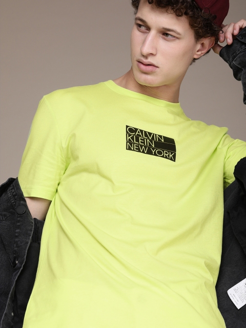 

Calvin Klein Jeans Men Lime Green Black Printed Pure Cotton T-shirt