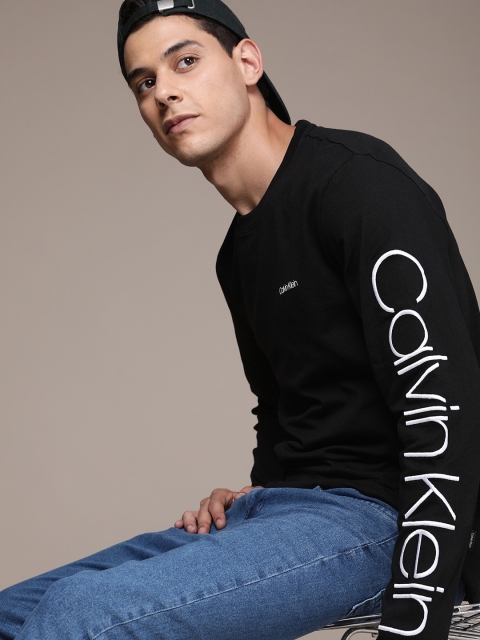

Calvin Klein Jeans Men Black White Brand Logo Printed Slim Fit Pure Cotton T-shirt