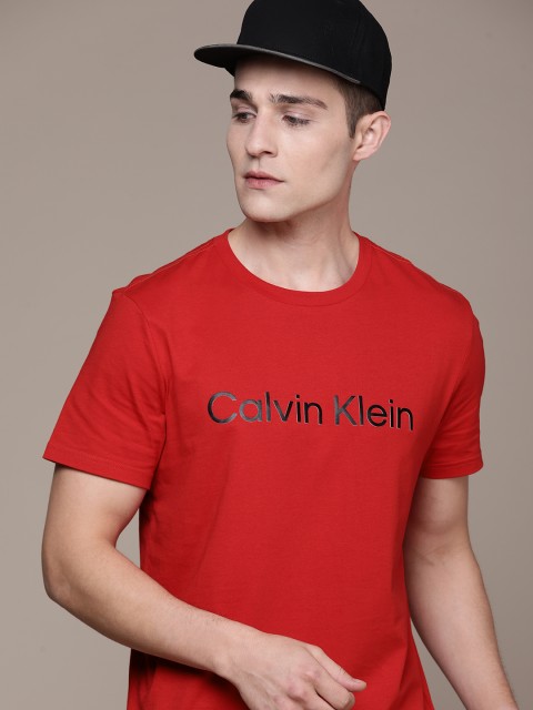 

Calvin Klein Jeans Men Red Brand Logo Printed Round Neck Pure Cotton T-shirt