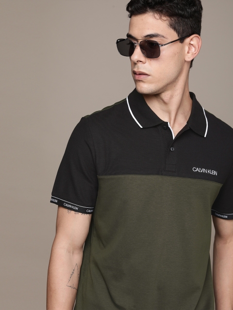 

Calvin Klein Jeans Men Black & Olive Green Colourblocked Polo Collar T-shirt