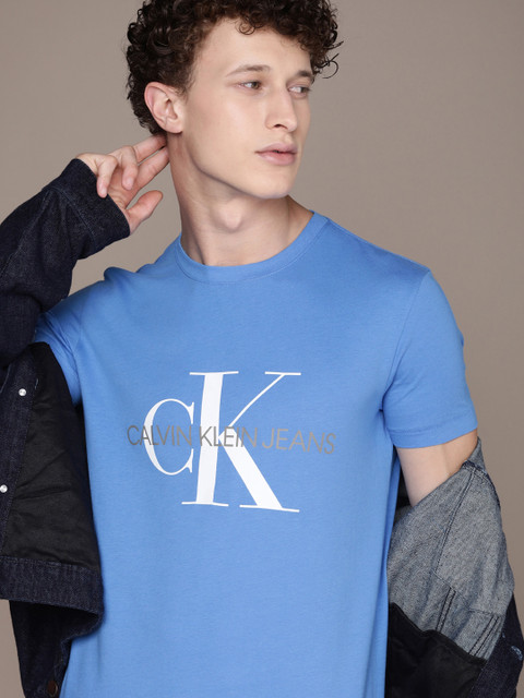 

Calvin Klein Jeans Men Blue White Brand Logo Printed Pure Cotton T-shirt