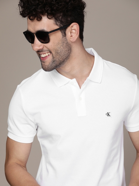 

Calvin Klein Jeans Men White Logo Printed Polo Collar Slim Fit Casual T-shirt