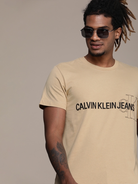 

Calvin Klein Jeans Men Camel Brown Brand Logo Printed Organic Cotton T-shirt