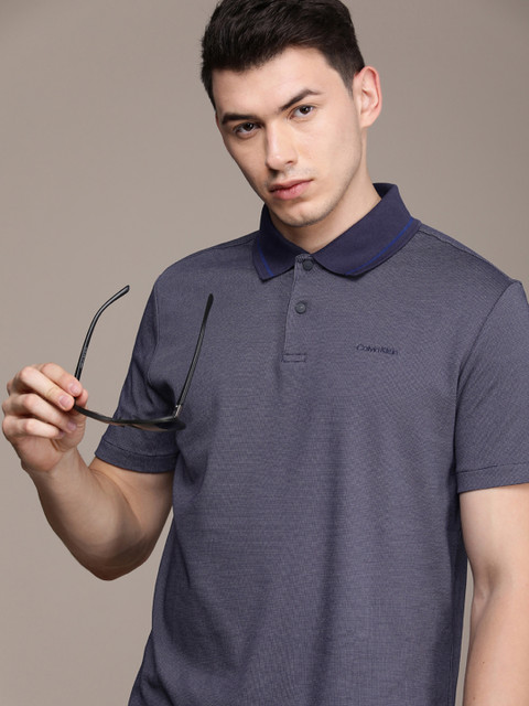 

Calvin Klein Jeans Men Navy Blue Brand Logo Embroidered Polo Collar T-shirt